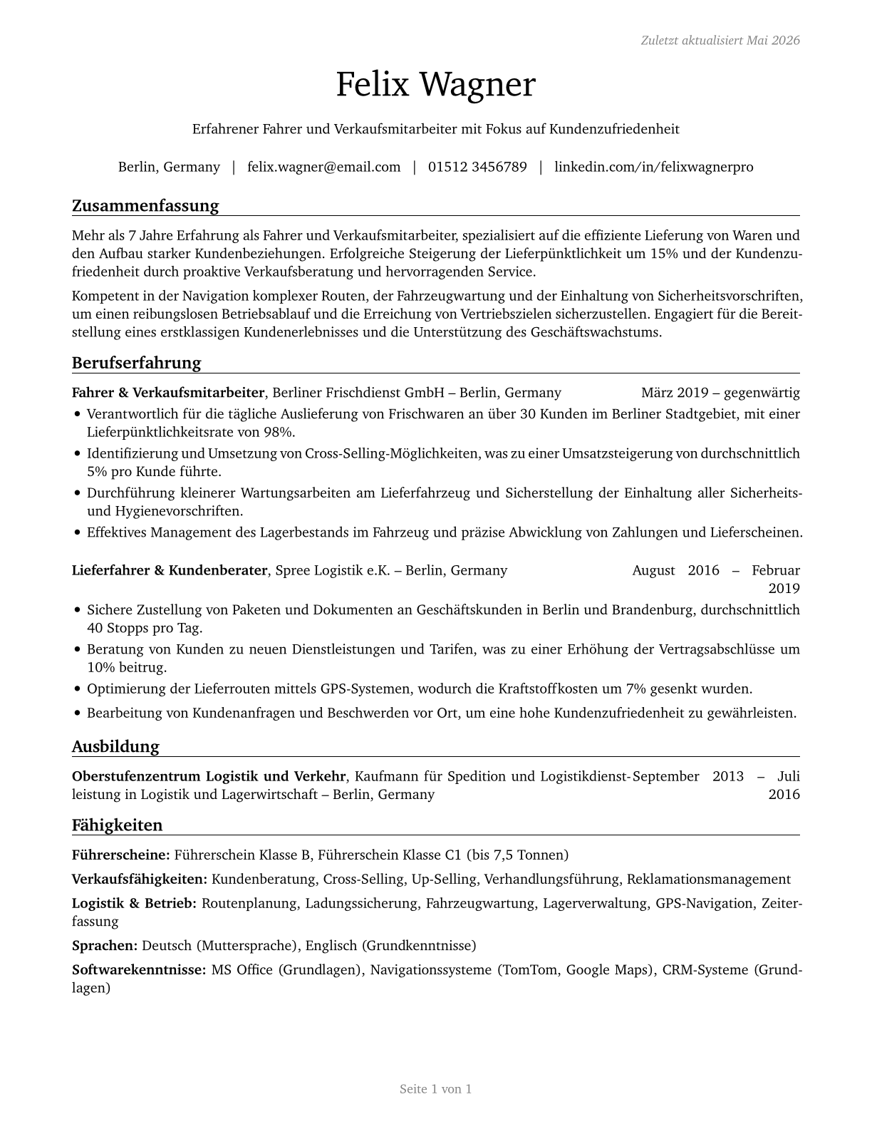 Driver/Sales Workers CV in German — page 1
