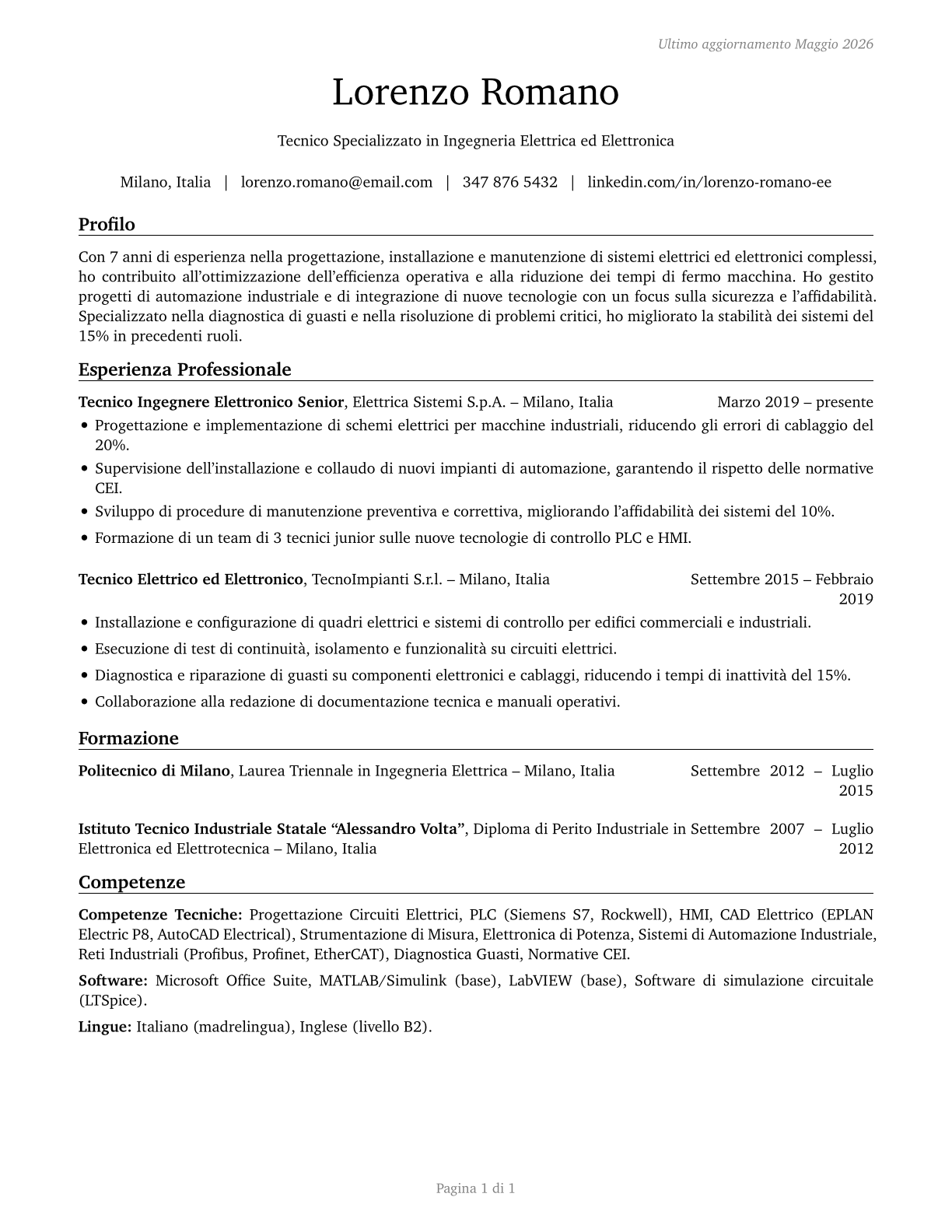 Electrical and Electronic Engineering Technologists and Technicians CV in Italian — page 1