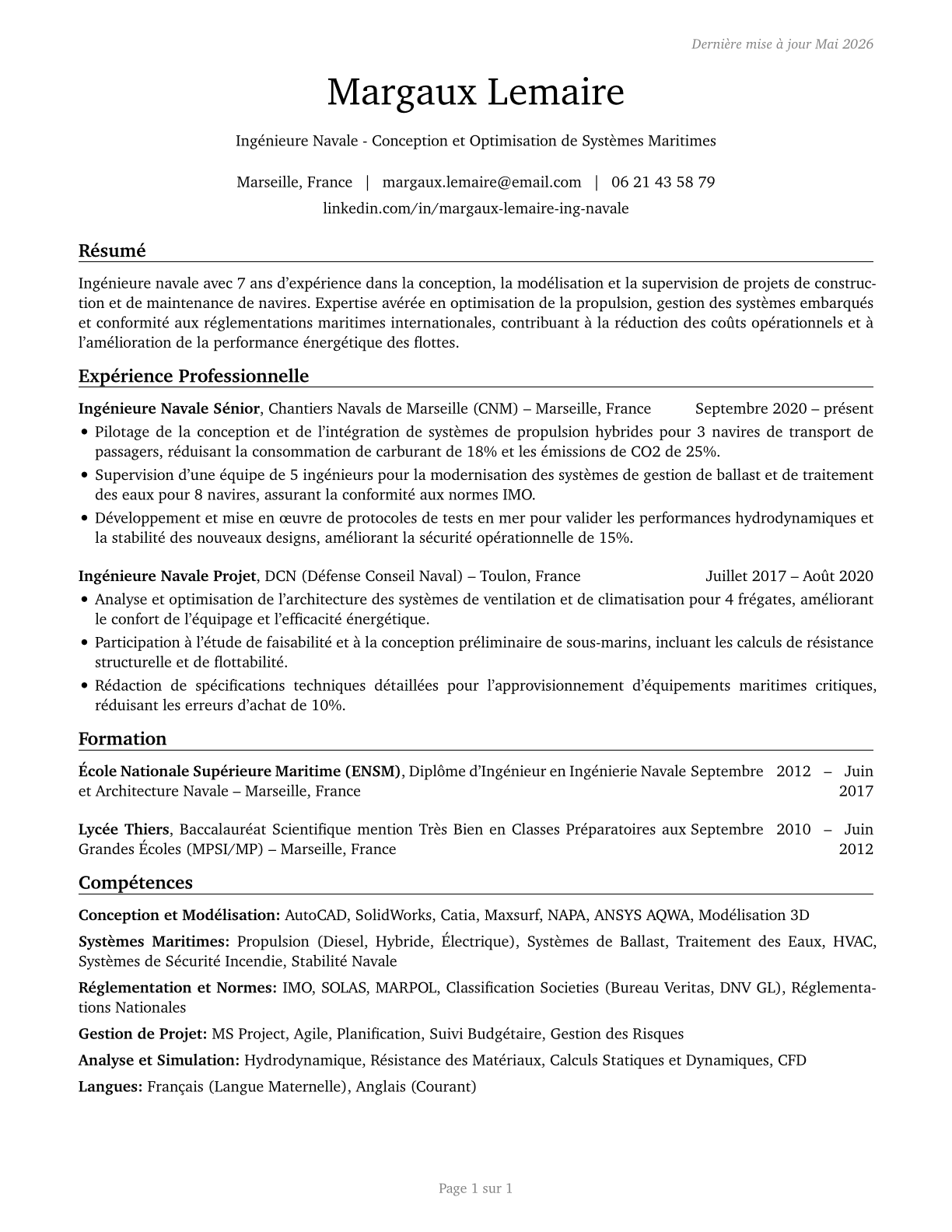 Ship Engineers CV in French — page 1