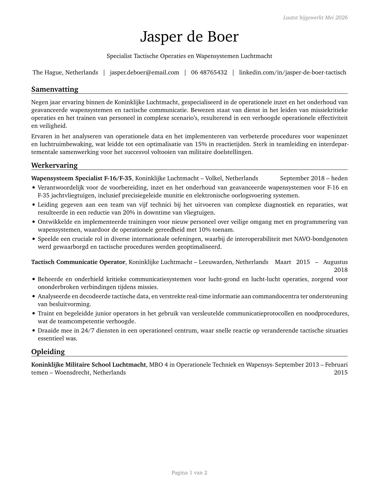 Military Enlisted Tactical Operations and Air/Weapons Specialists and Crew Members, All Other CV in Dutch — page 1