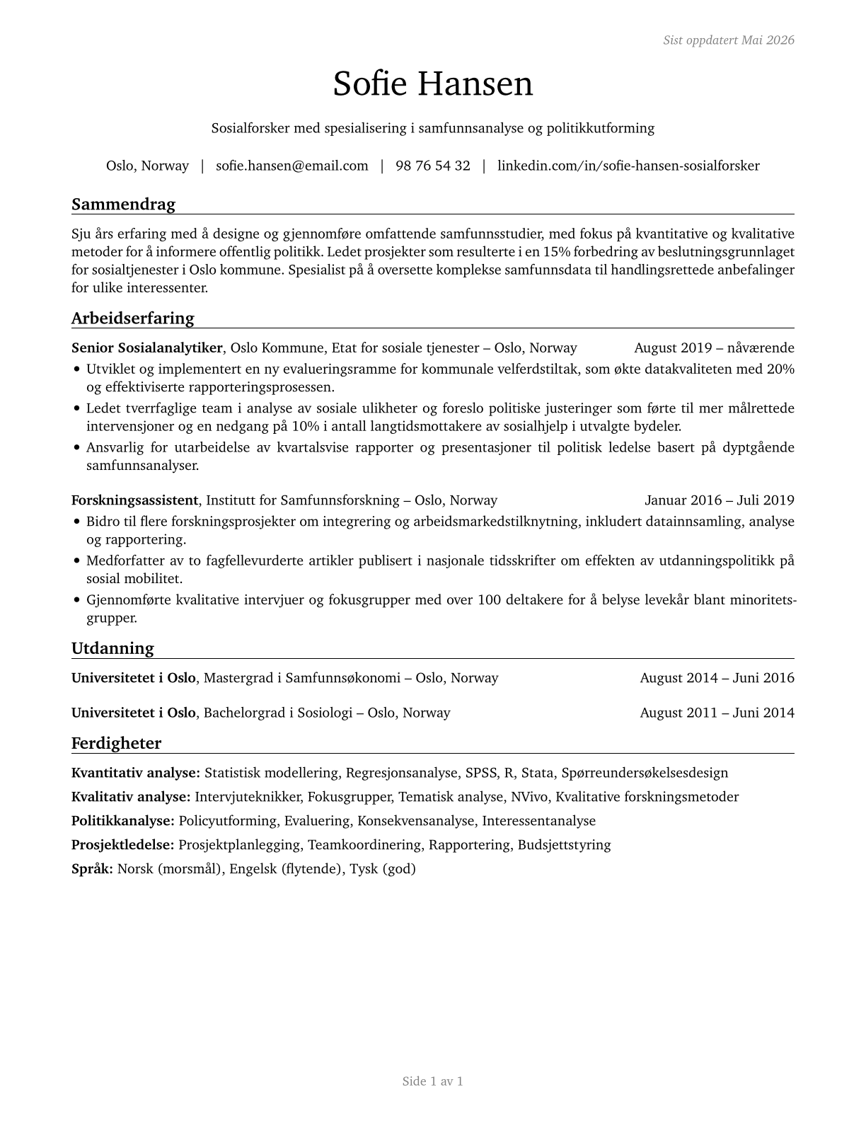 Social Scientists and Related Workers, All Other CV in Norwegian_bokmal — page 1