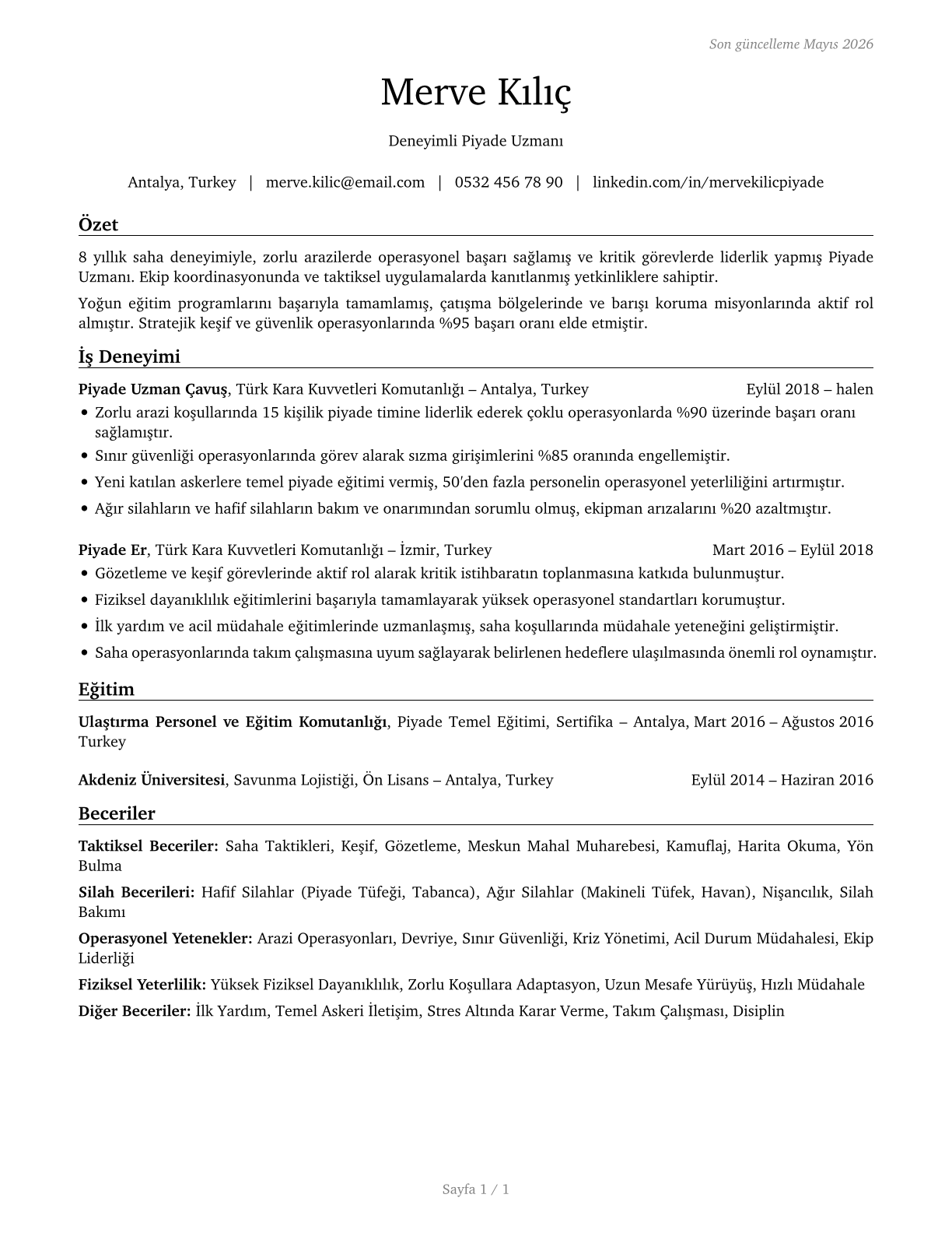 Infantry CV in Turkish — page 1