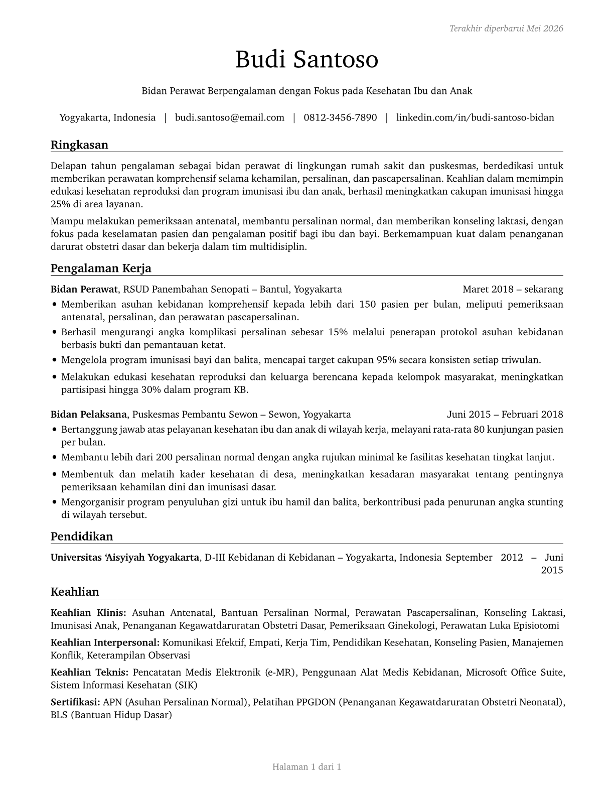 Nurse Midwives CV in Indonesian — page 1