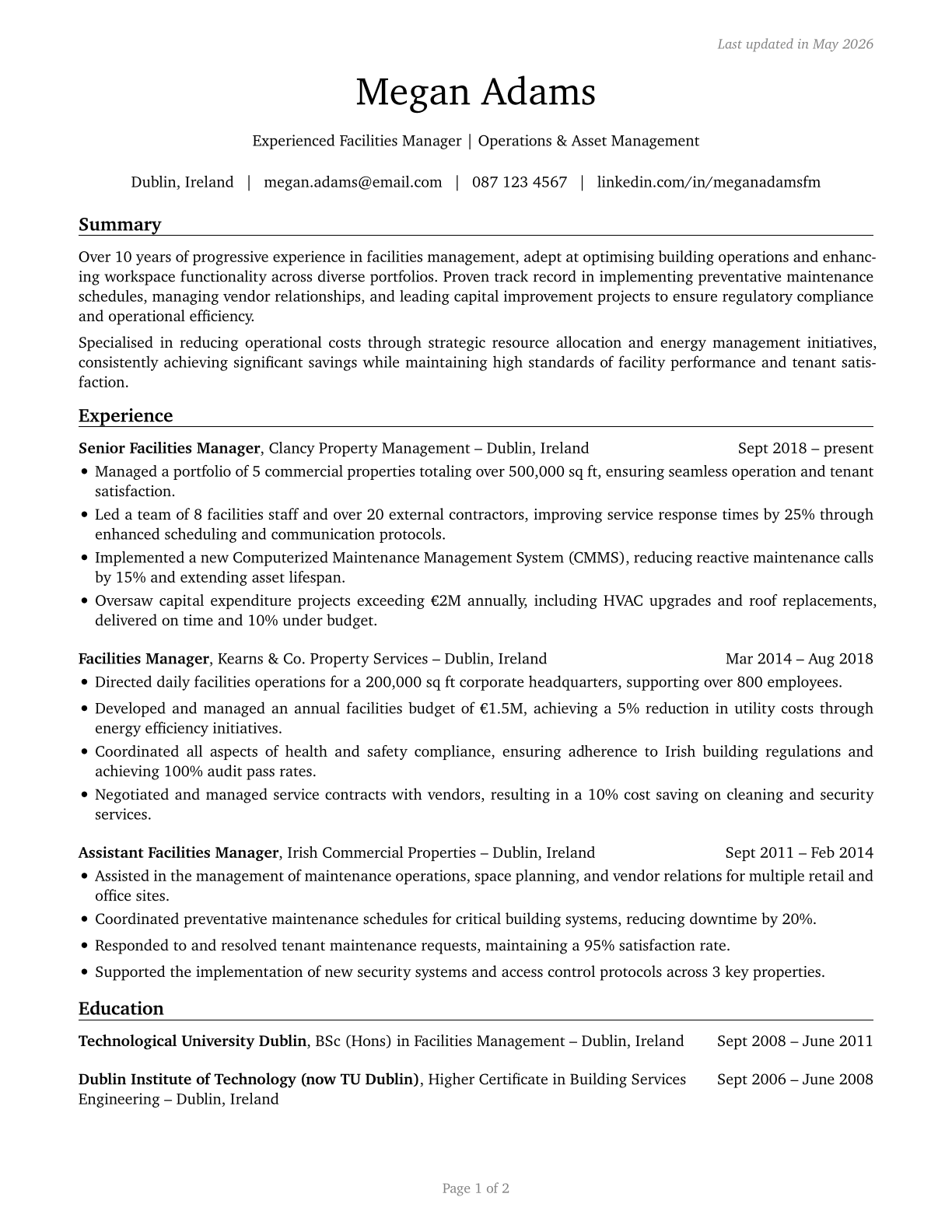 Facilities Managers CV in English — page 1