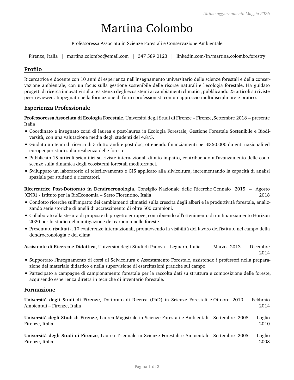 Forestry and Conservation Science Teachers, Postsecondary CV in Italian — page 1