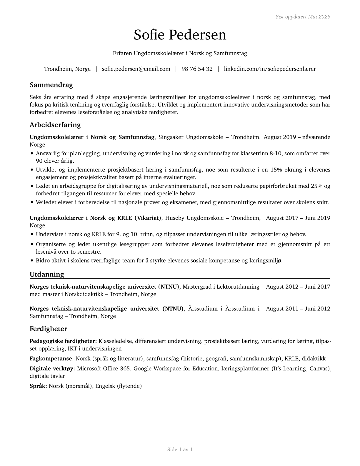 Middle School Teachers, Except Special and Career/Technical Education CV in Norwegian_bokmal — page 1