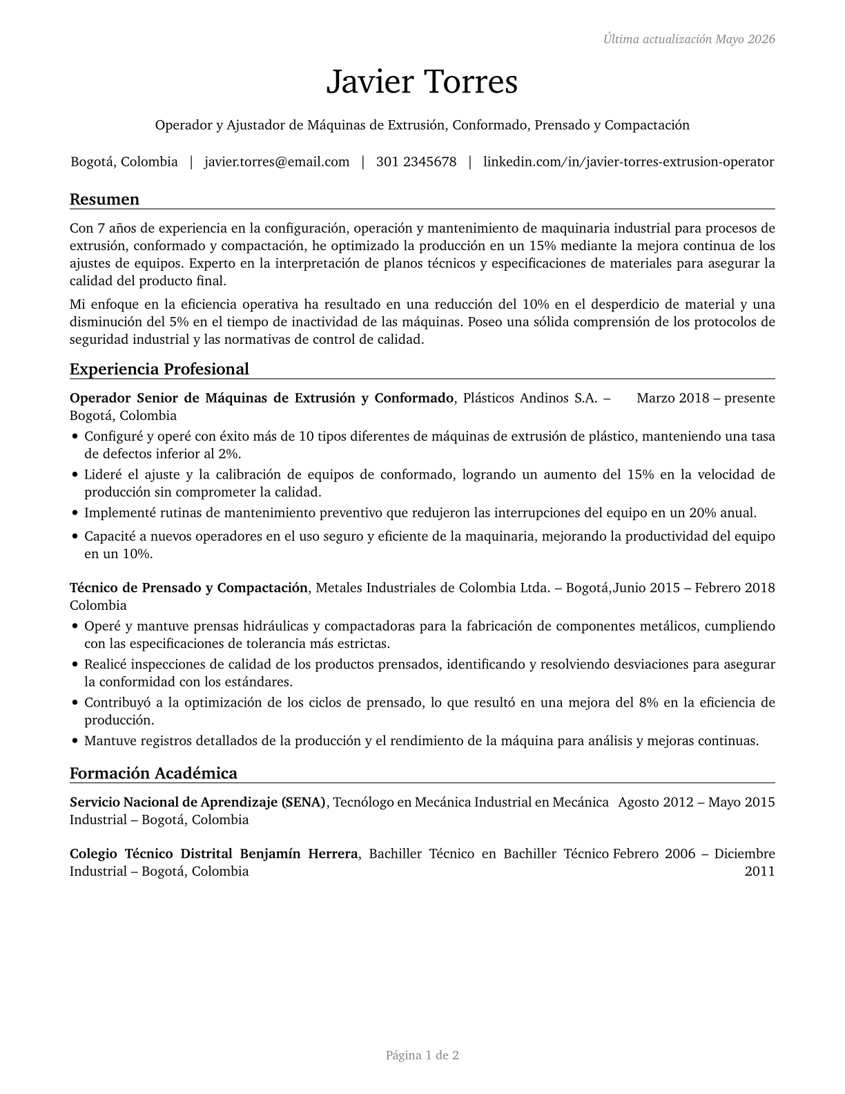 Extruding, Forming, Pressing, and Compacting Machine Setters, Operators, and Tenders CV in Spanish — page 1