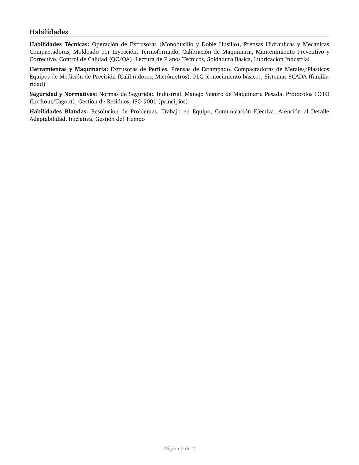 Extruding, Forming, Pressing, and Compacting Machine Setters, Operators, and Tenders CV in Spanish — page 2