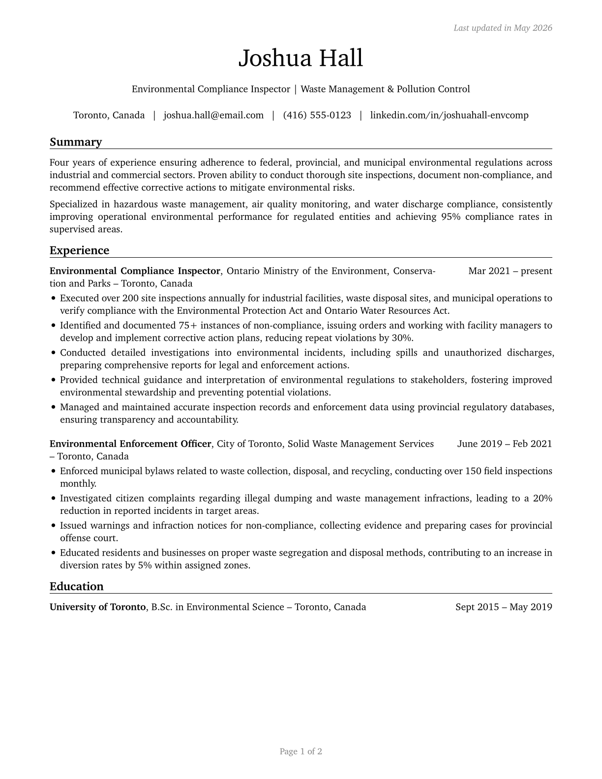 Environmental Compliance Inspectors CV in English — page 1