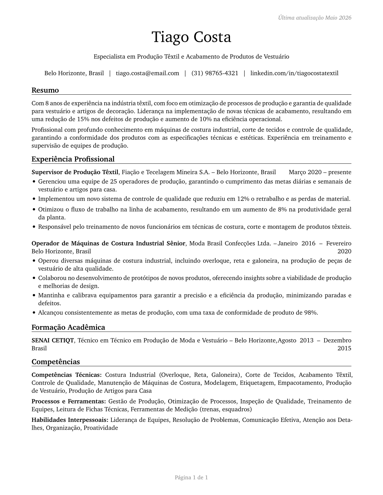 Textile, Apparel, and Furnishings Workers, All Other CV in Portuguese — page 1