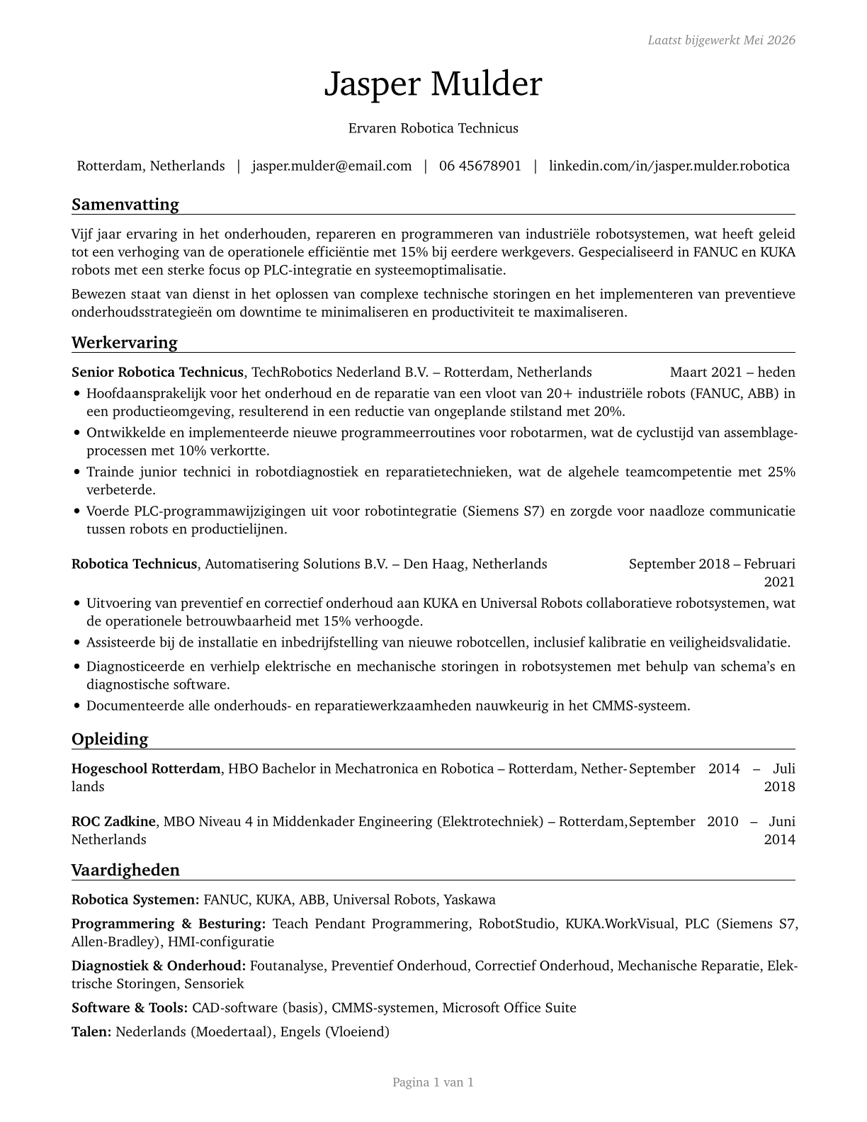 Robotics Technicians CV in Dutch — page 1