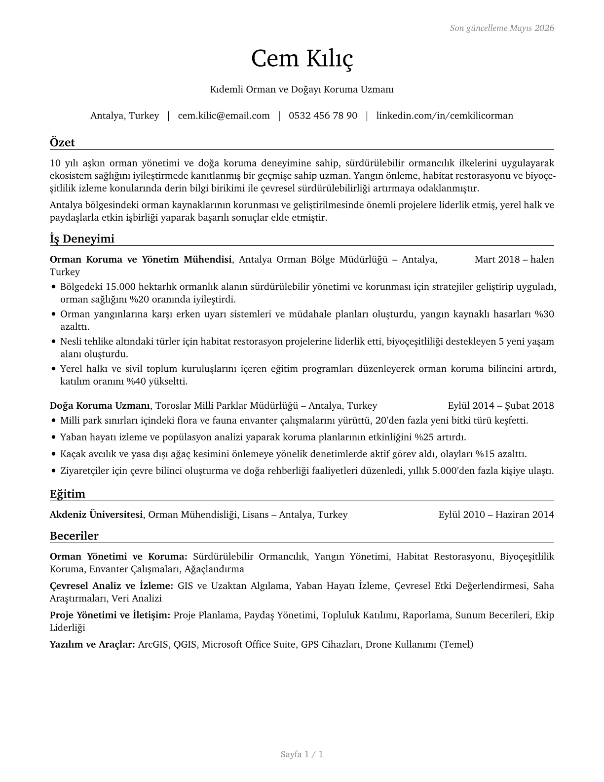 Forest and Conservation Workers CV in Turkish — page 1