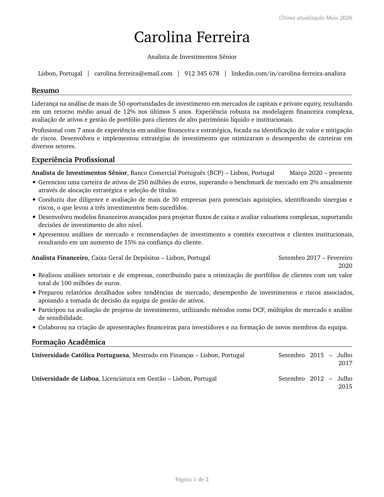 Financial and Investment Analysts CV in Portuguese — page 1