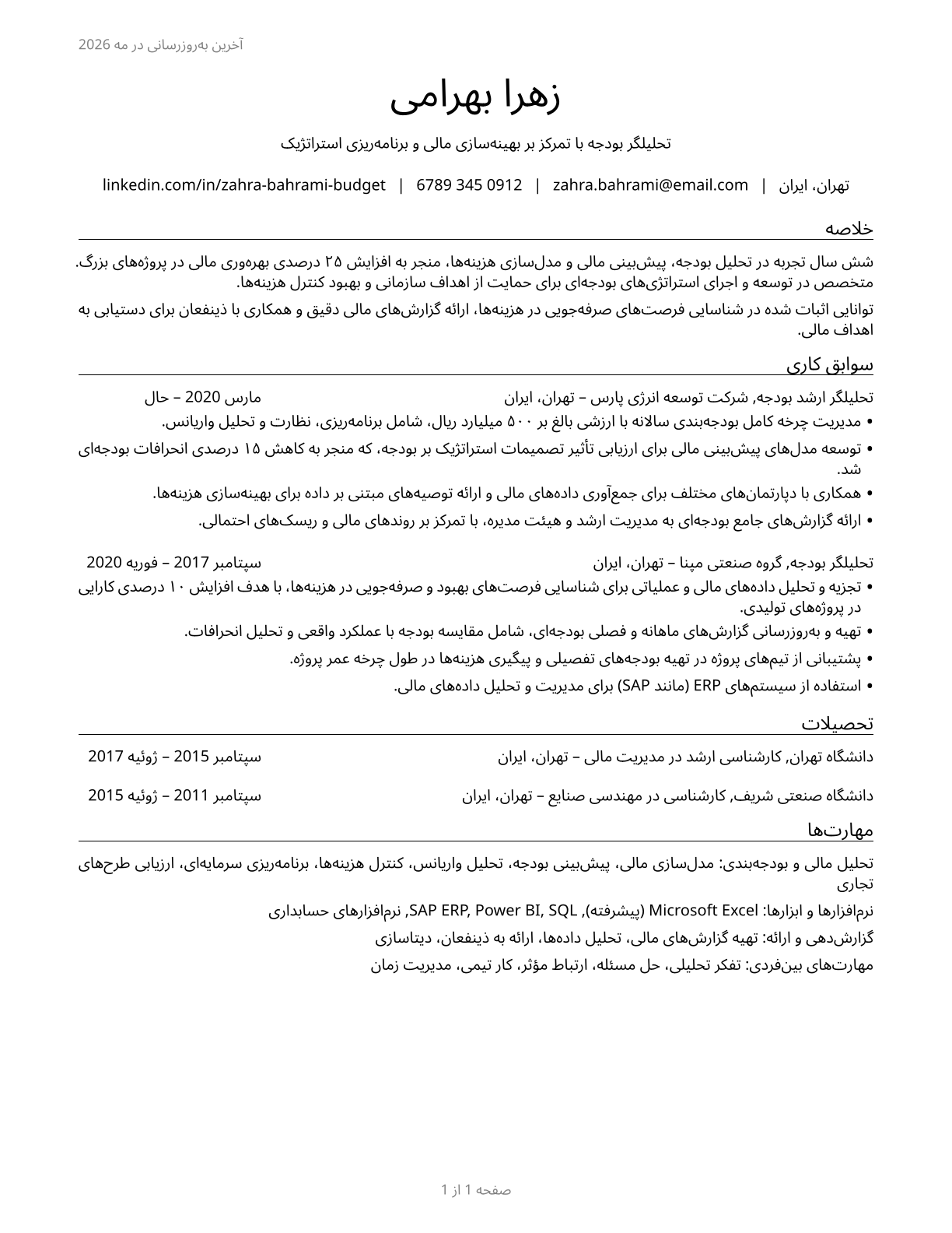 Budget Analysts CV in Persian — page 1