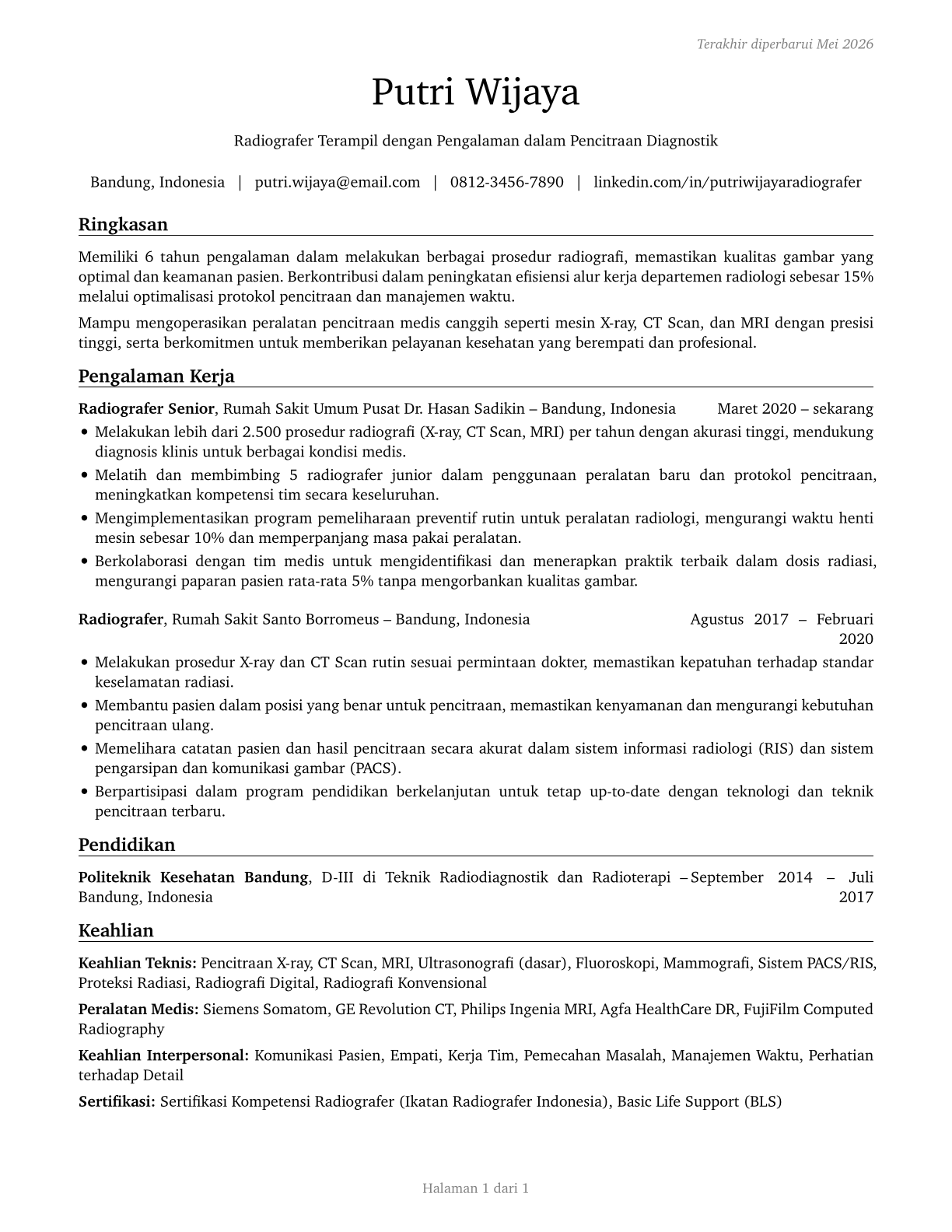 Radiologic Technologists and Technicians CV in Indonesian — page 1