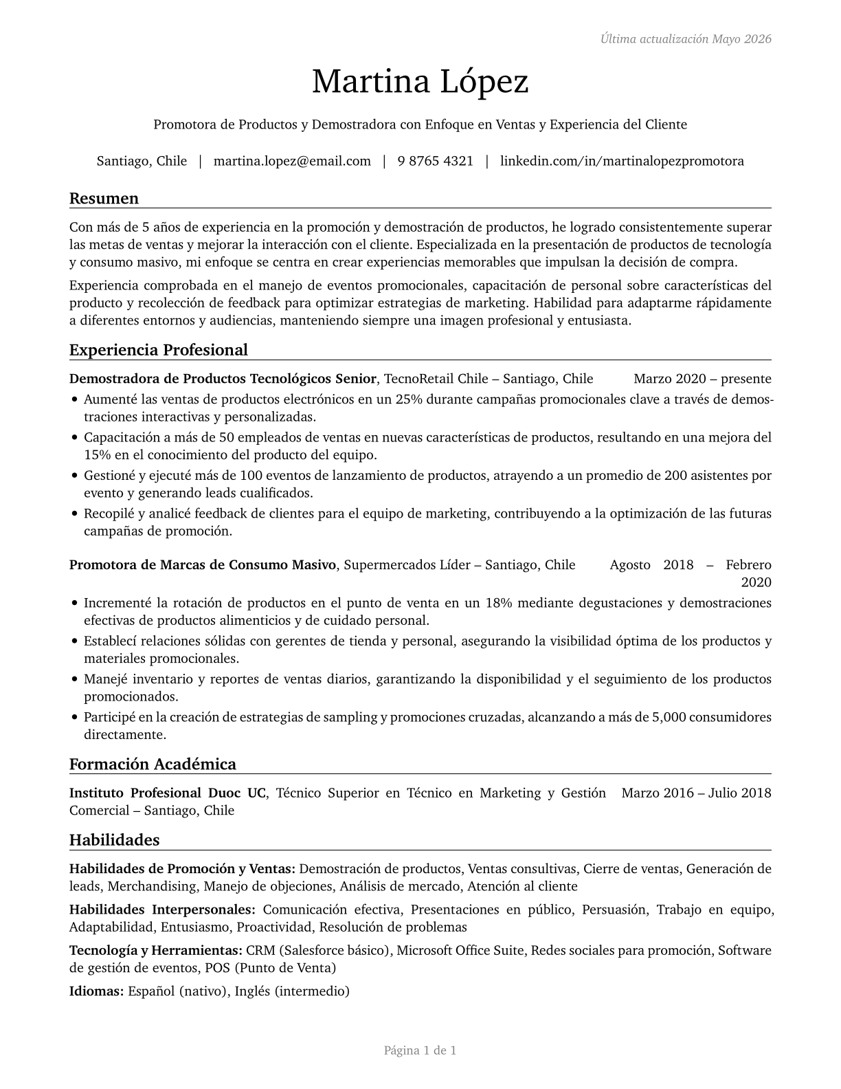 Demonstrators and Product Promoters CV in Spanish — page 1