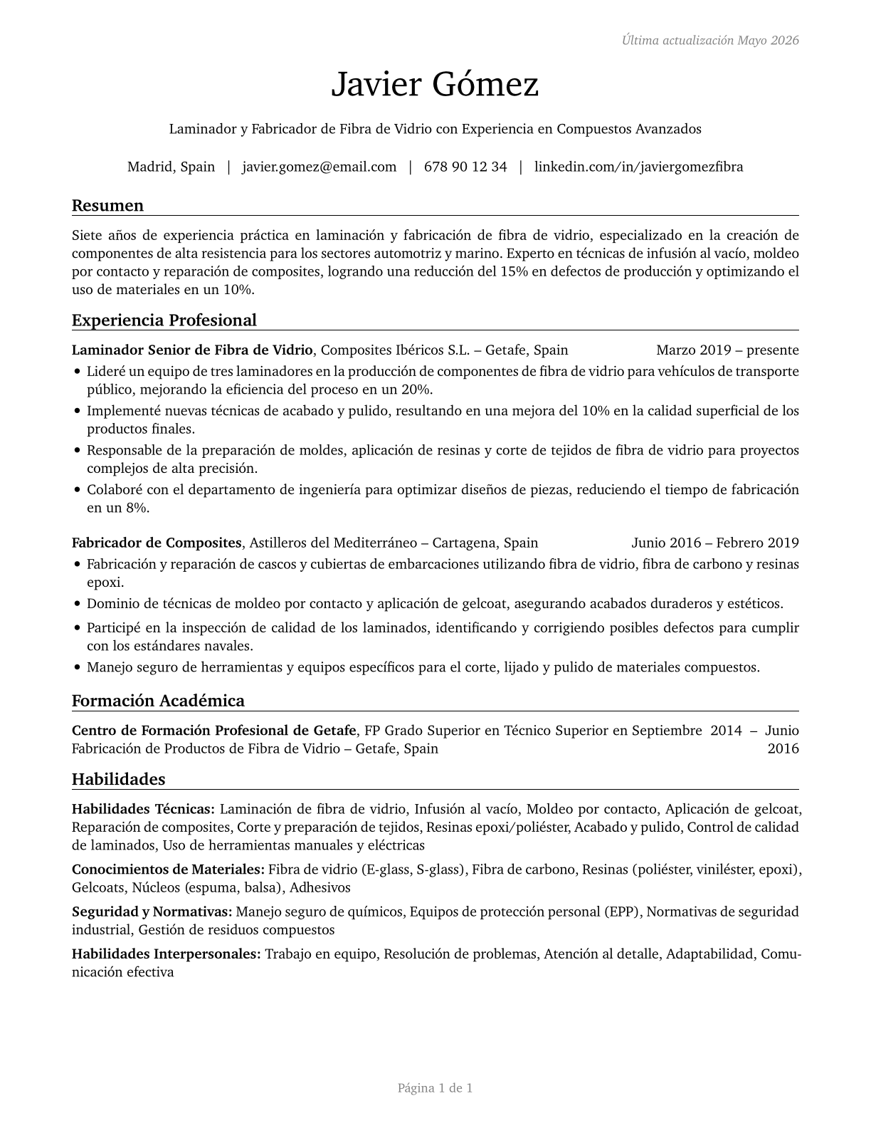Fiberglass Laminators and Fabricators CV in Spanish — page 1