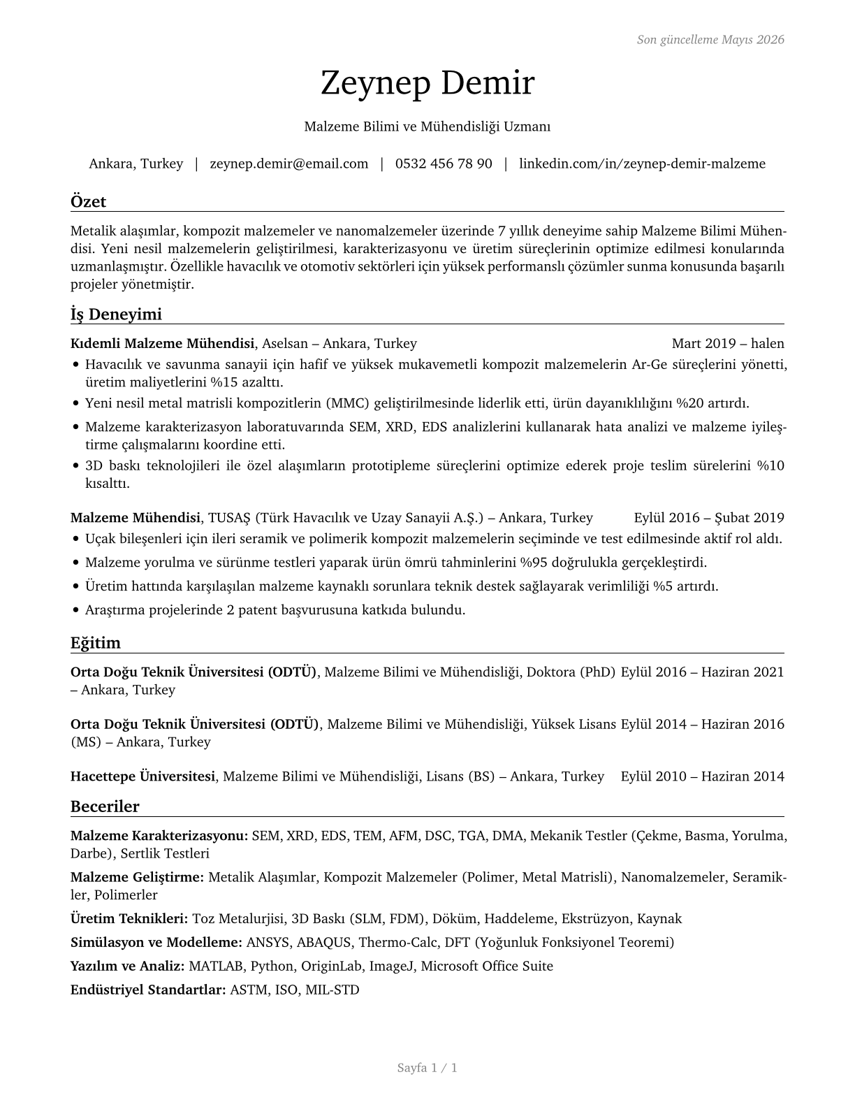 Materials Scientists CV in Turkish — page 1