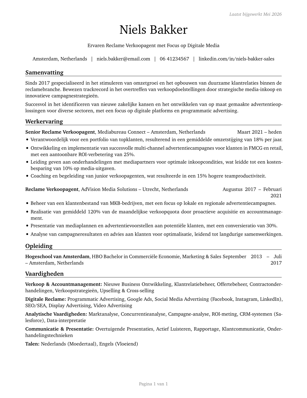 Advertising Sales Agents CV in Dutch — page 1