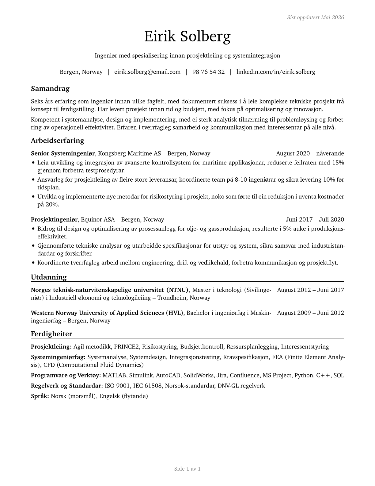 Engineers, All Other CV in Norwegian_nynorsk — page 1
