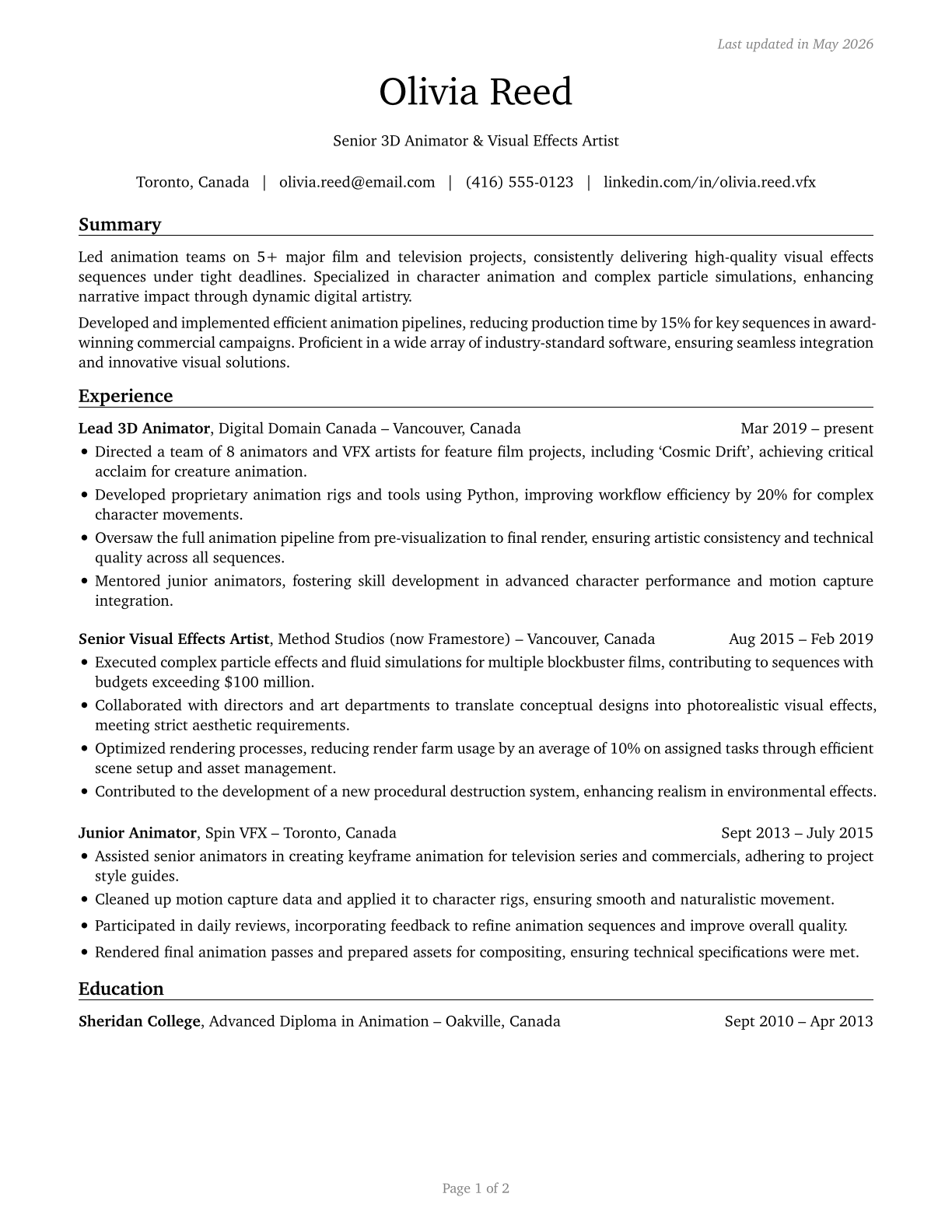 Special Effects Artists and Animators CV in English — page 1