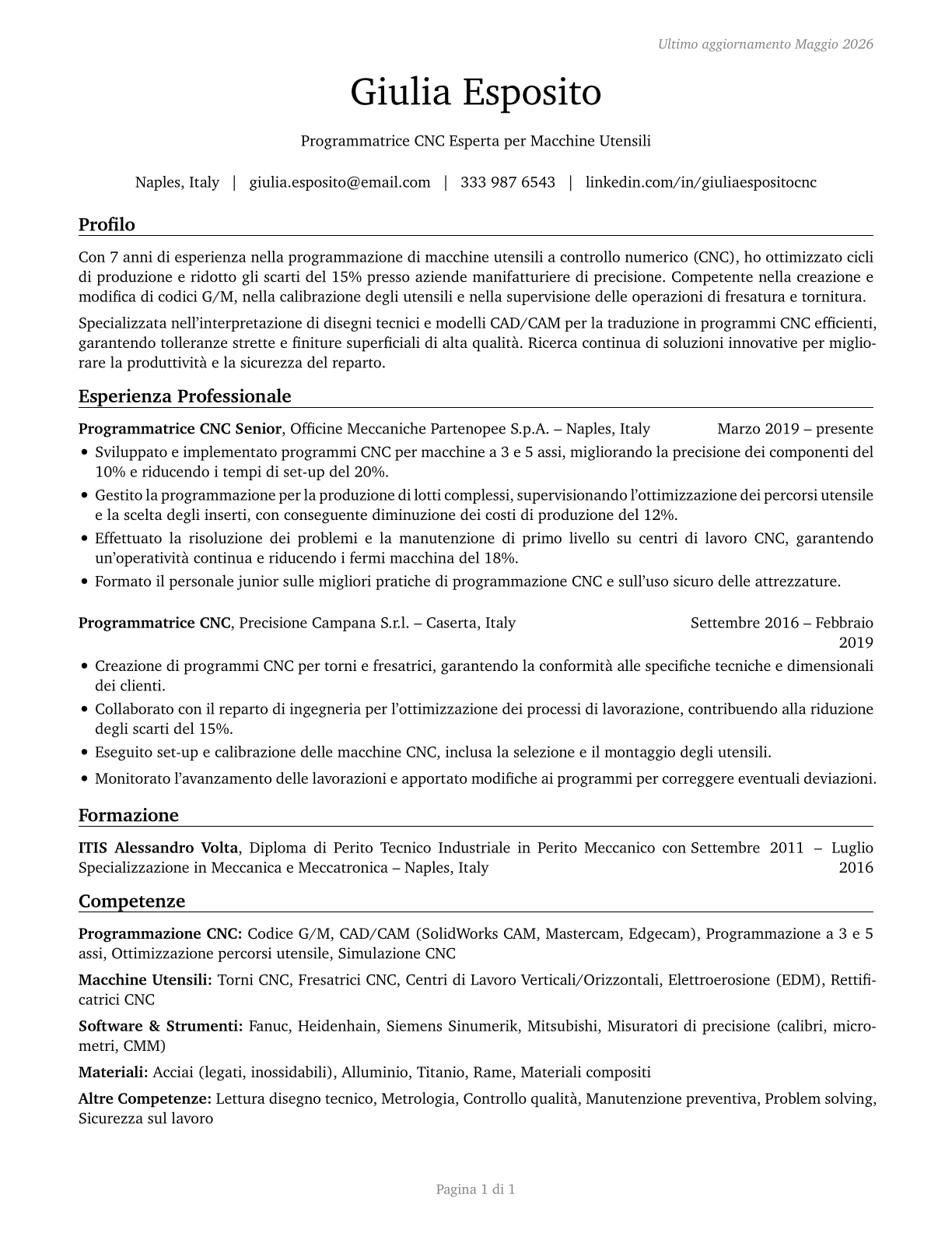 Computer Numerically Controlled Tool Programmers CV in Italian — page 1
