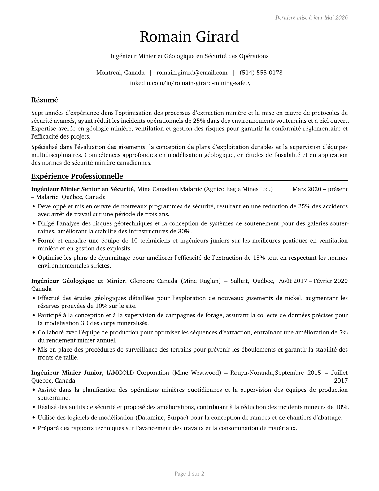 Mining and Geological Engineers, Including Mining Safety Engineers CV in French — page 1