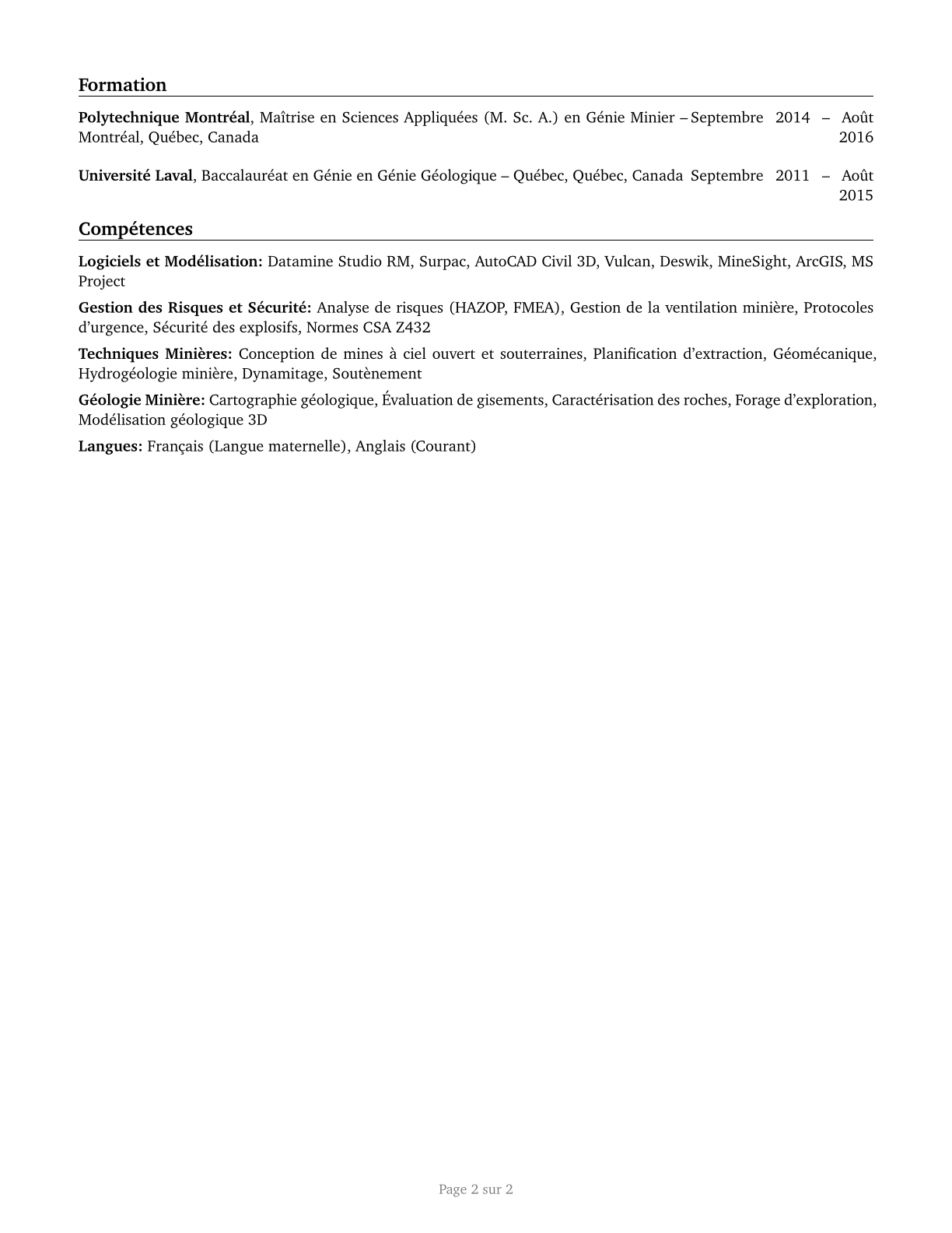 Mining and Geological Engineers, Including Mining Safety Engineers CV in French — page 2