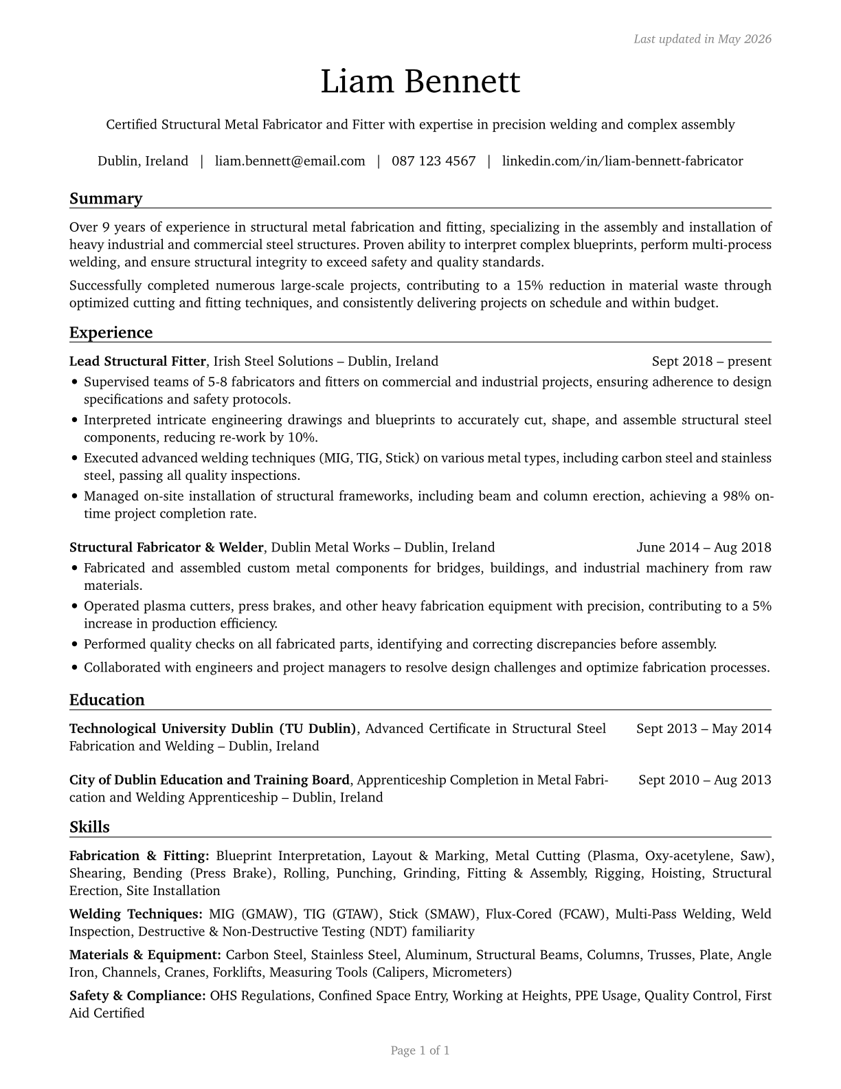 Structural Metal Fabricators and Fitters CV in English — page 1