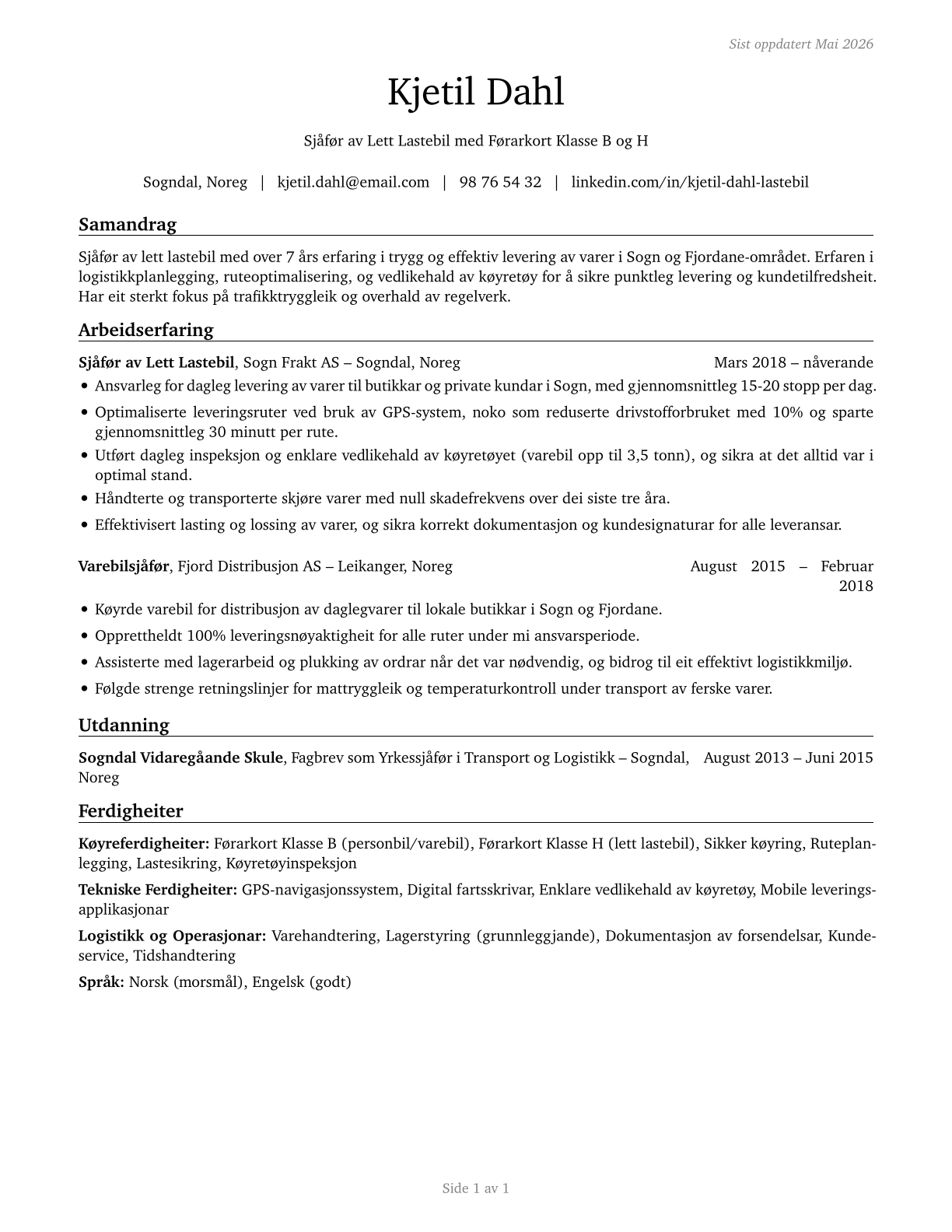 Light Truck Drivers CV in Norwegian_nynorsk — page 1