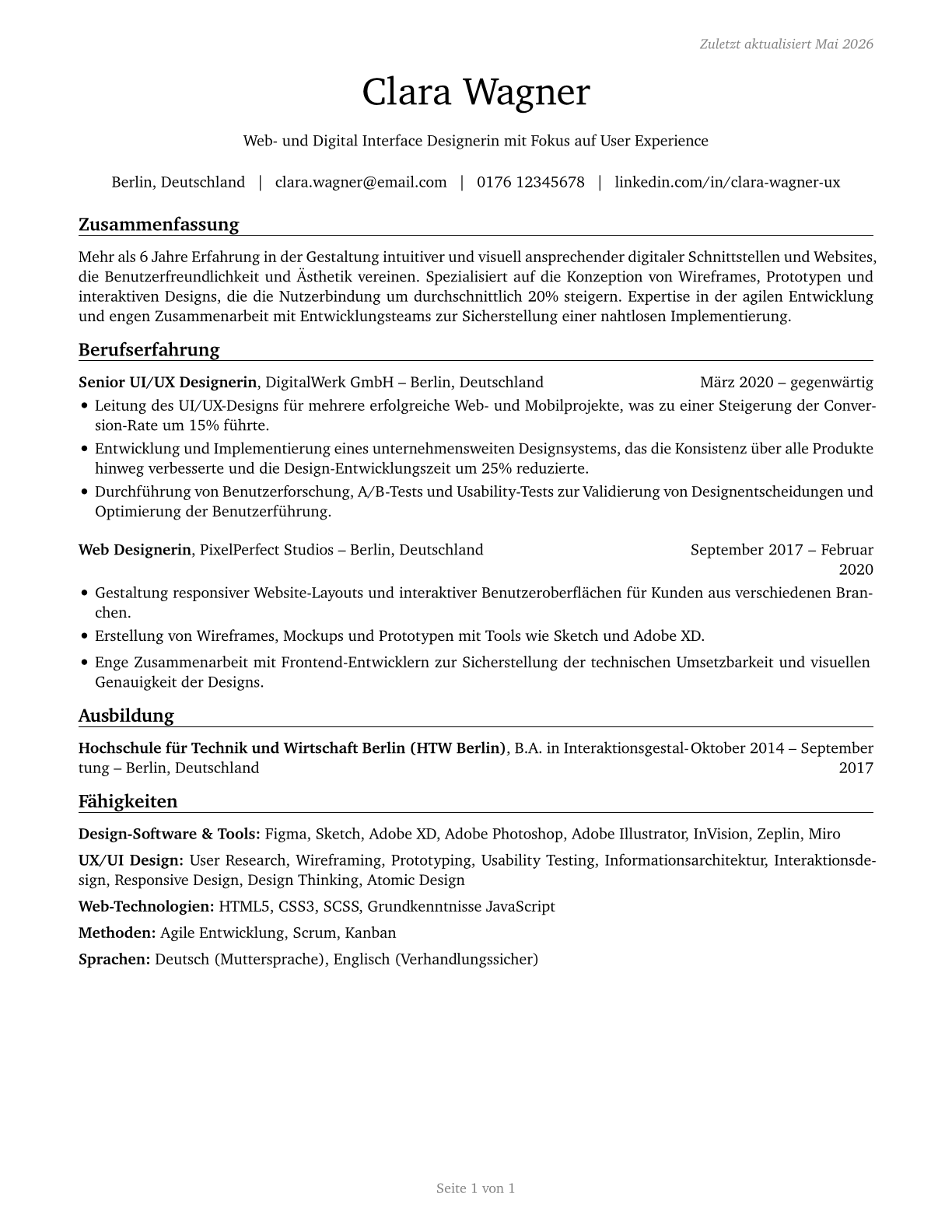 Web and Digital Interface Designers CV in German — page 1