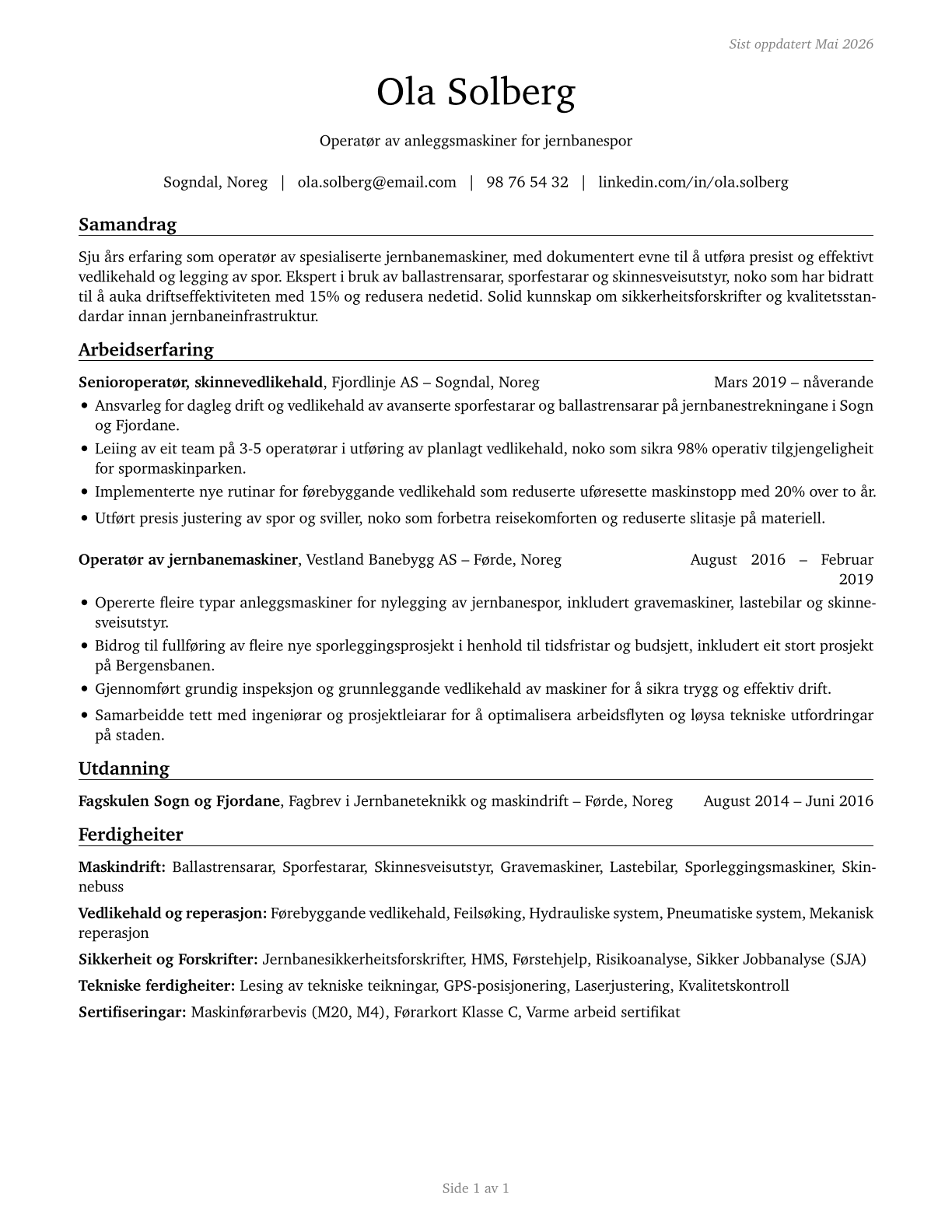 Rail-Track Laying and Maintenance Equipment Operators CV in Norwegian_nynorsk — page 1