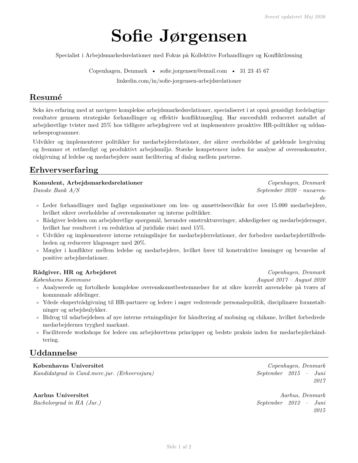 Labor Relations Specialists CV in Danish — page 1