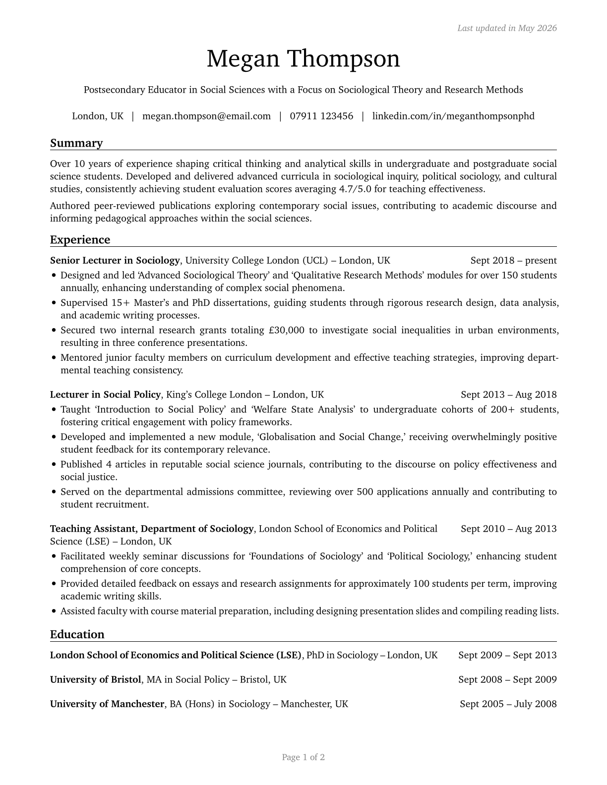 Social Sciences Teachers, Postsecondary, All Other CV in English — page 1