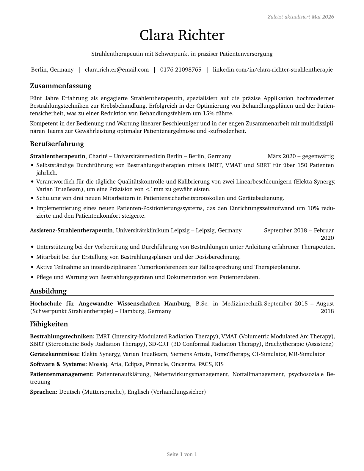 Radiation Therapists CV in German — page 1