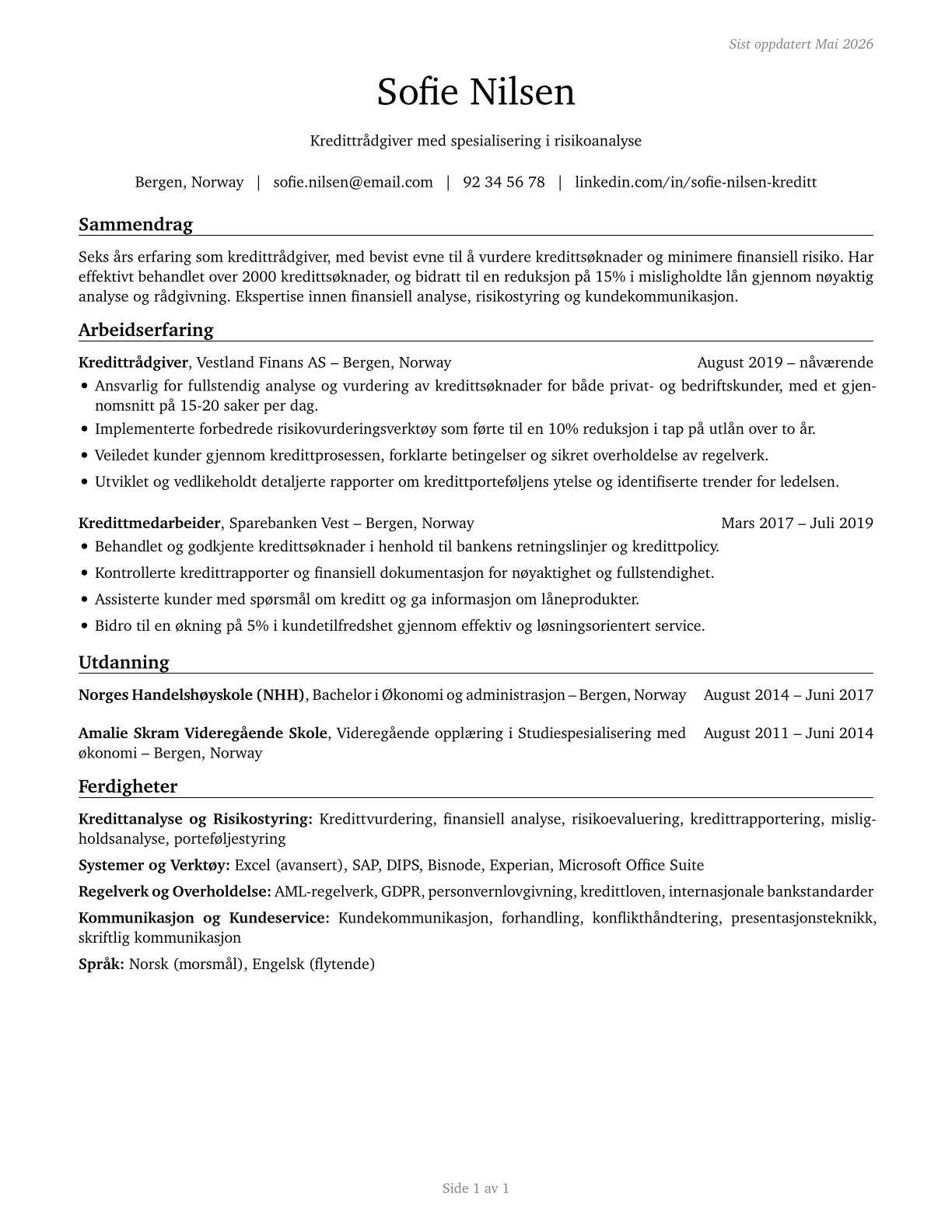 Credit Authorizers, Checkers, and Clerks CV in Norwegian_bokmal — page 1