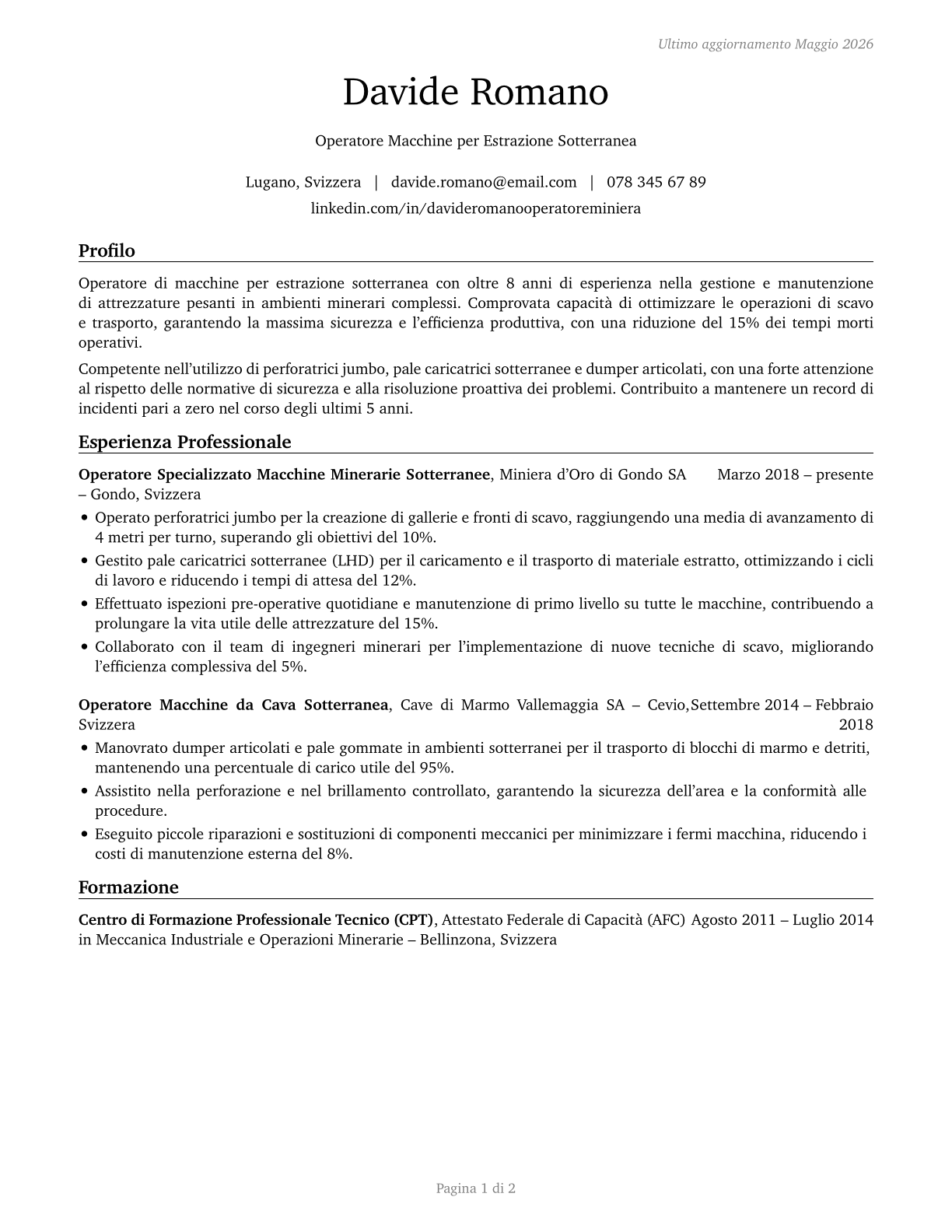 Underground Mining Machine Operators, All Other CV in Italian — page 1