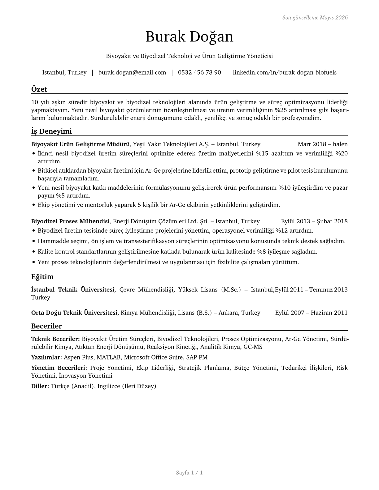 Biofuels/Biodiesel Technology and Product Development Managers CV in Turkish — page 1