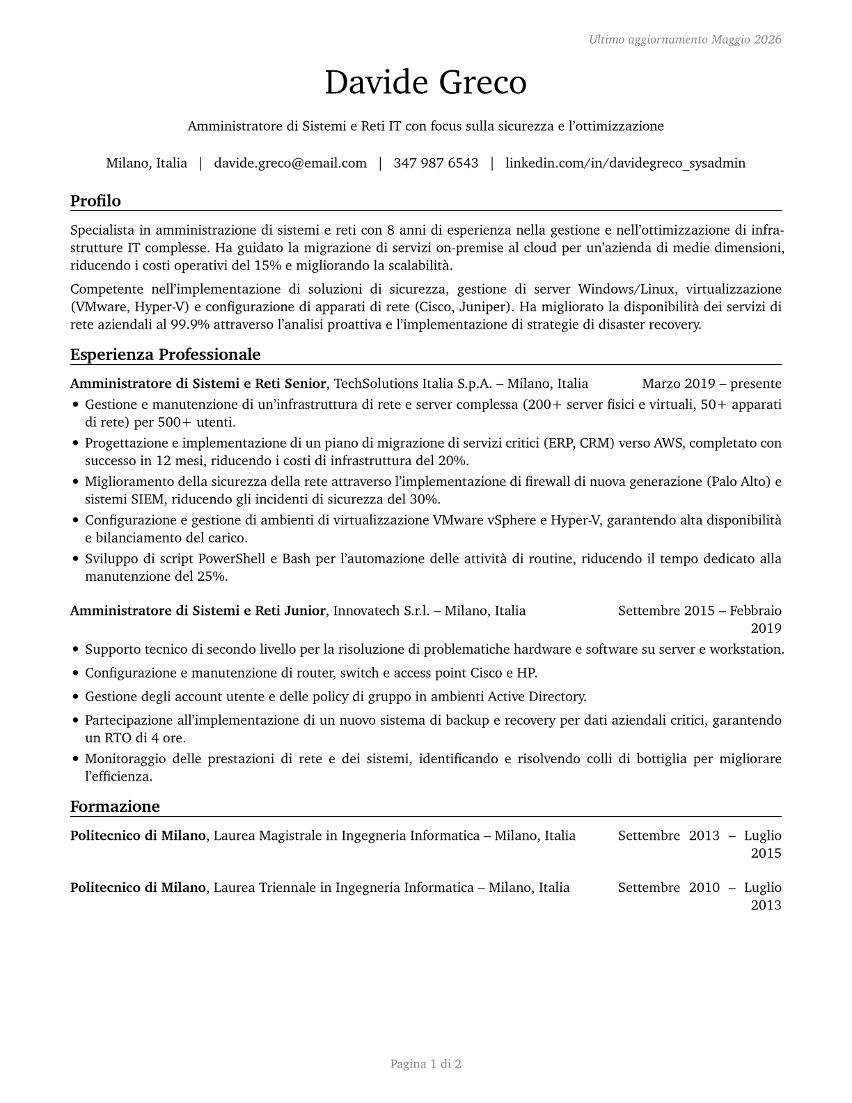 Network and Computer Systems Administrators CV in Italian — page 1