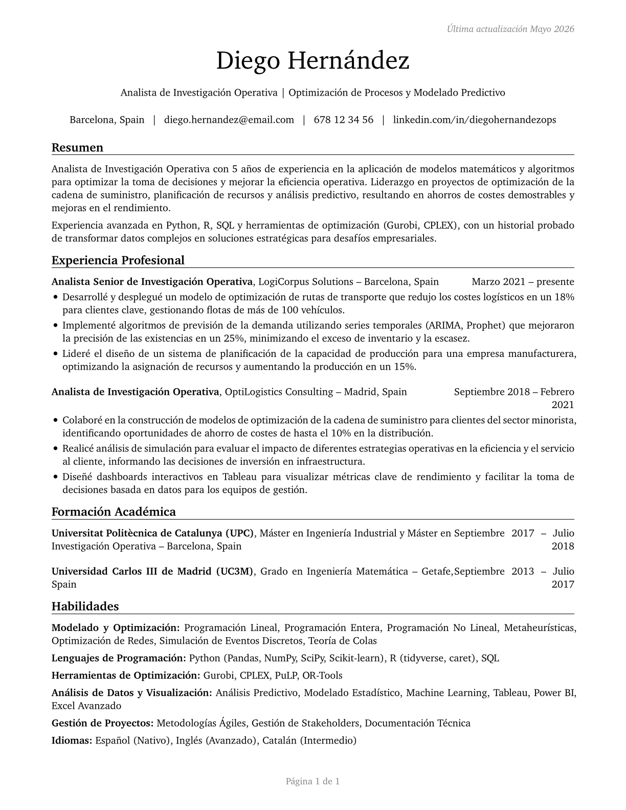 Operations Research Analysts CV in Spanish — page 1