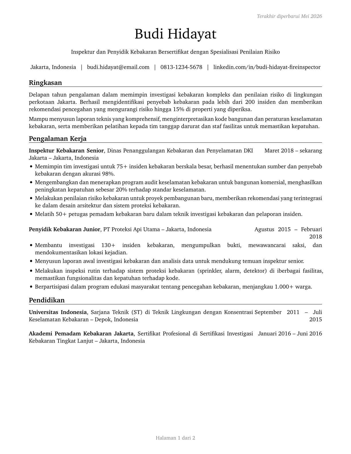 Fire Inspectors and Investigators CV in Indonesian — page 1