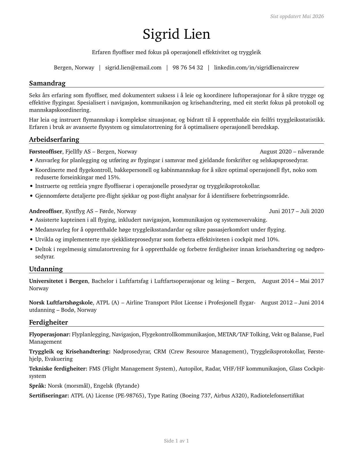 Air Crew Officers CV in Norwegian_nynorsk — page 1