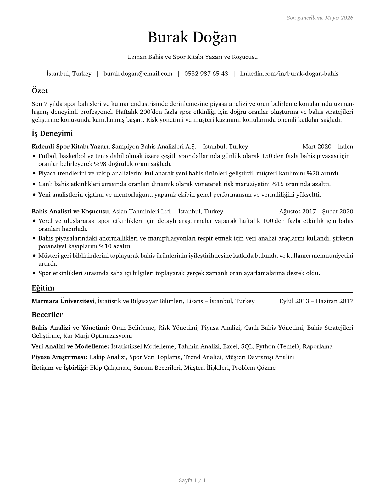 Gambling and Sports Book Writers and Runners CV in Turkish — page 1