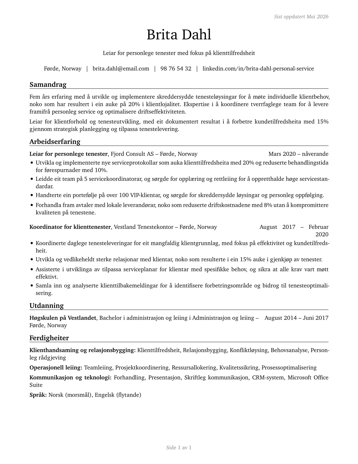 Personal Service Managers, All Other CV in Norwegian_nynorsk — page 1