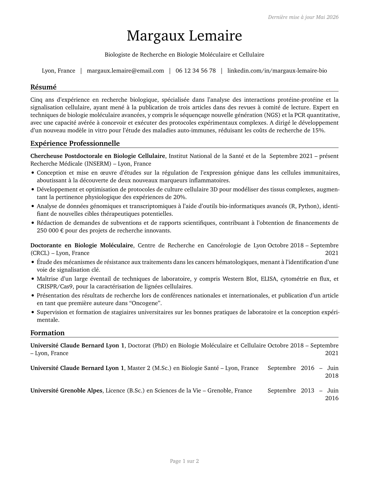 Biological Scientists, All Other CV in French — page 1