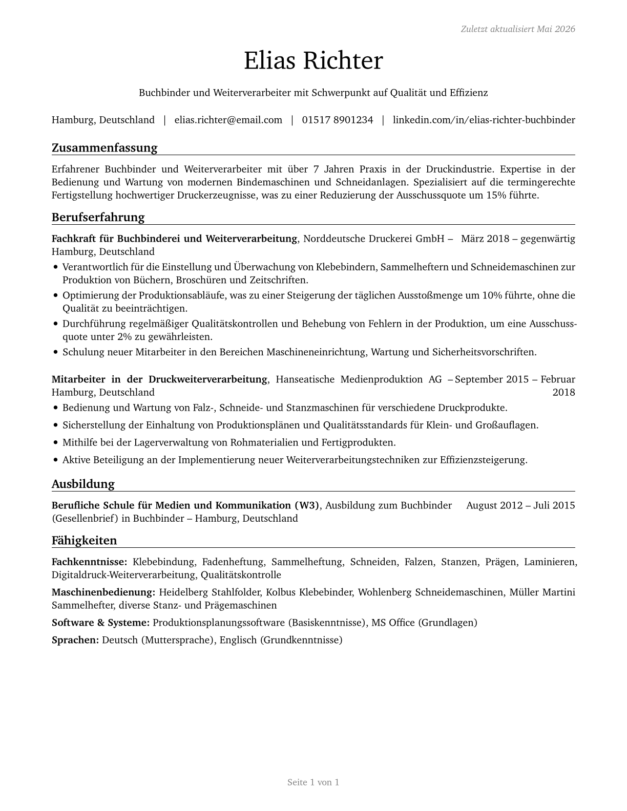 Print Binding and Finishing Workers CV in German — page 1
