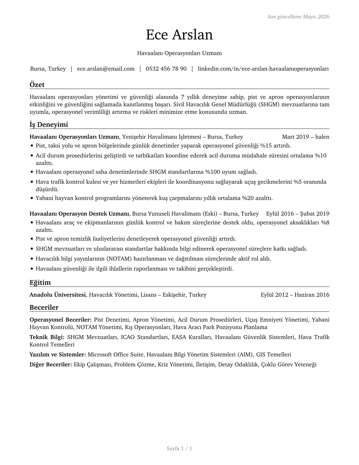 Airfield Operations Specialists CV in Turkish — page 1