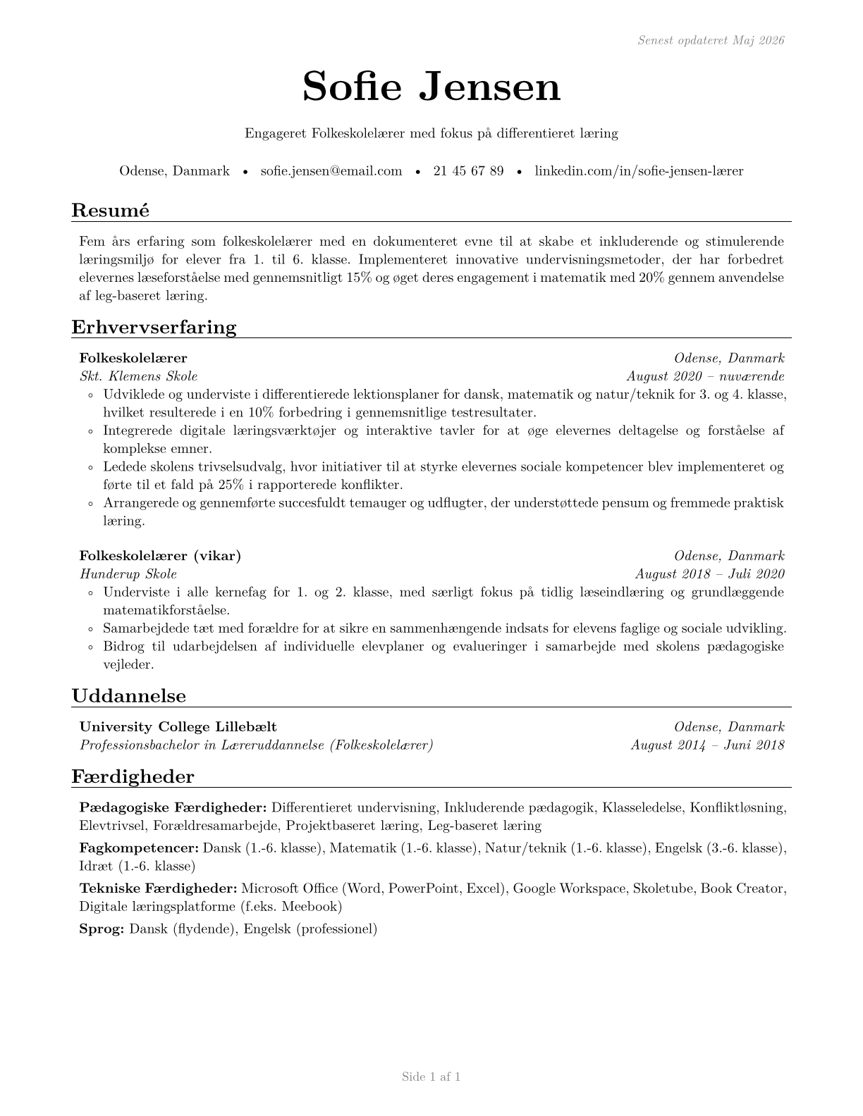 Elementary School Teachers, Except Special Education CV in Danish — page 1