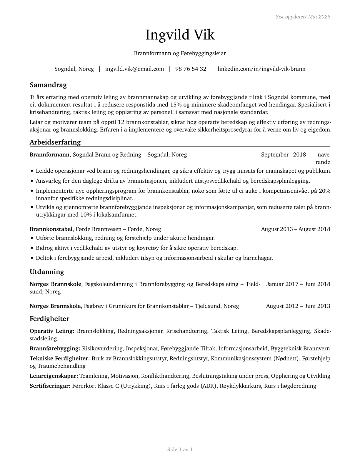 First-Line Supervisors of Firefighting and Prevention Workers CV in Norwegian_nynorsk — page 1