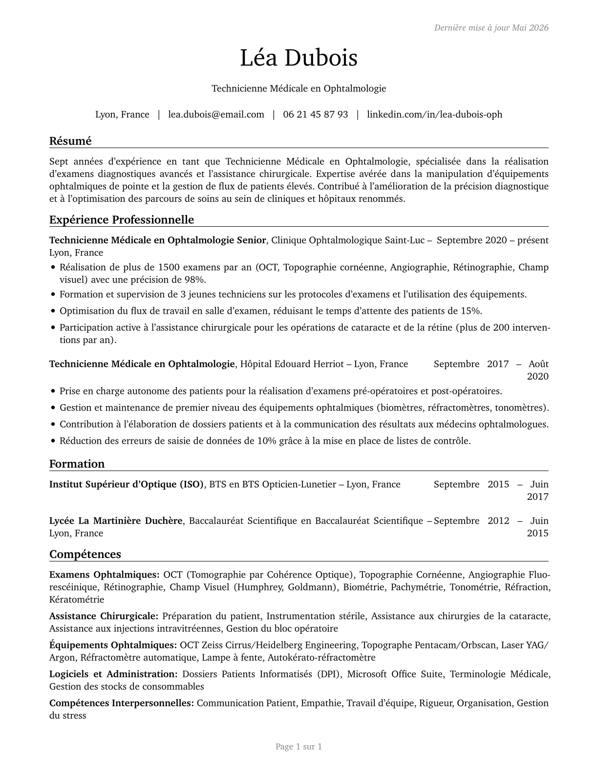 Ophthalmic Medical Technologists CV in French — page 1